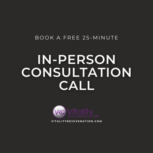 Promotional graphic with the text 'BOOK A FREE 25-MINUTE IN-PERSON CONSULTATION CALL' on a dark charcoal background, plus the Vitality Rejuvenation Clinic logo and website near the bottom.