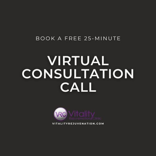Promotional graphic with the text 'BOOK A FREE 25-MINUTE VIRTUAL CONSULTATION CALL' on a dark charcoal background, plus the Vitality Rejuvenation Clinic logo and website near the bottom.