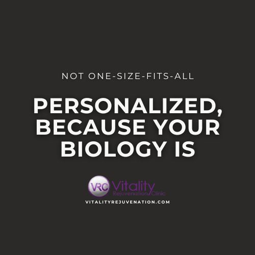A dark gray square graphic with white text reading 'NOT ONE-SIZE-FITS-ALL PERSONALIZED, BECAUSE YOUR BIOLOGY IS' and a small Vitality Reformation Clinic logo and website near the bottom. Peptide therapy in NJ.