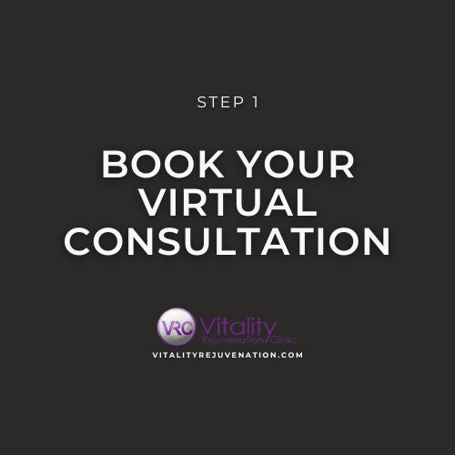 A dark gray square graphic with white text reading 'STEP 1 BOOK YOUR VIRTUAL CONSULTATION' and a small Vitality Rejuvenation Clinic logo near the bottom.