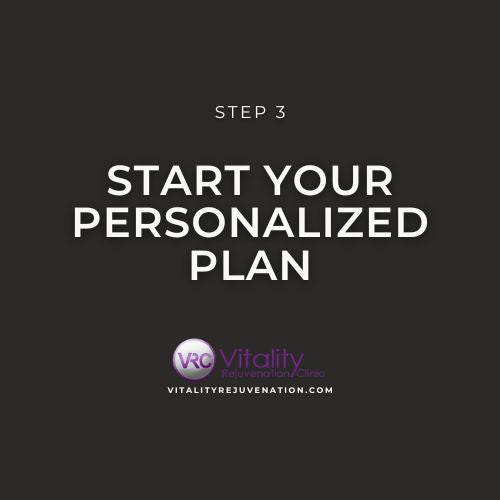 A dark gray graphic with white text reading 'STEP 3 START YOUR PERSONALIZED PLAN' and a purple and white Vitality Rejuvenation Clinic logo near the bottom.