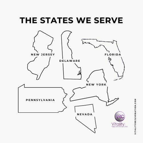A minimalist black-and-white graphic titled 'THE STATES WE SERVE' showing outline maps of several U.S. Telemedicine Therapy at Vitality Rejuvenation Clinic. Services NJ, DE, FL, PA, NY & NV.