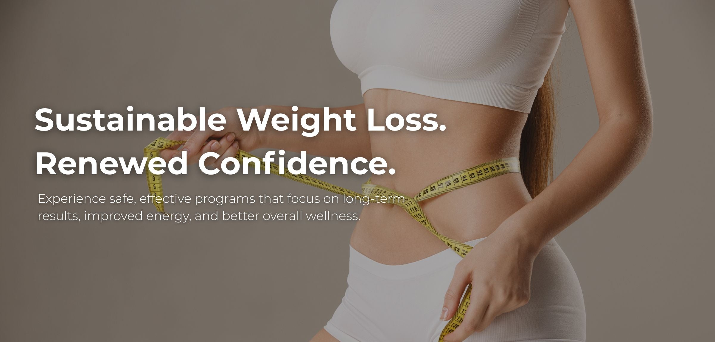 A woman in a white sports bra and leggings is shown from the chest down, measuring her waist with a yellow tape measure. Large text on the left reads, 'Sustainable Weight Loss.