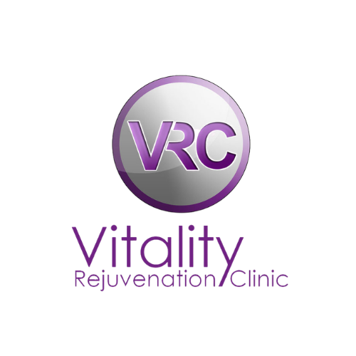 A logo for Vitality Rejuvenation Clinic featuring a circular metallic silver badge with purple 'VRC' lettering, above the text 'Vitality Rejuvenation Clinic' in purple on a white background.