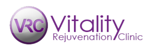 Vitality Rejuvenation Clinic logo with a purple and silver circular emblem containing the letters 'VRC' and purple text on a white background.