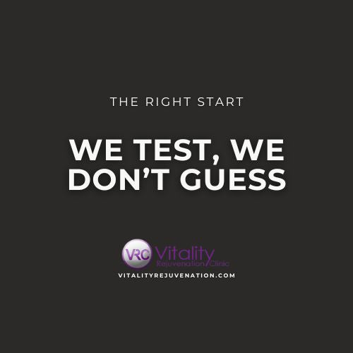 A dark gray square graphic with white text reading 'THE RIGHT START WE TEST, WE DON'T GUESS' and a small Vitality Rejuvenation Clinic logo at the bottom.